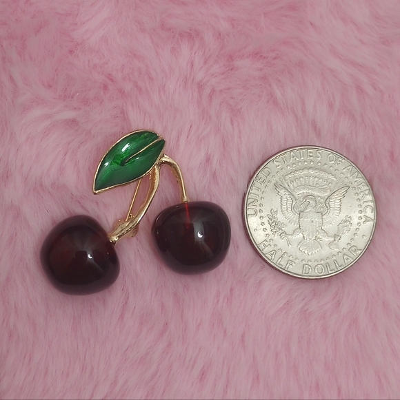 Vintage Cherry Brooch with Green Leaf Accent - Picture 2 of 3